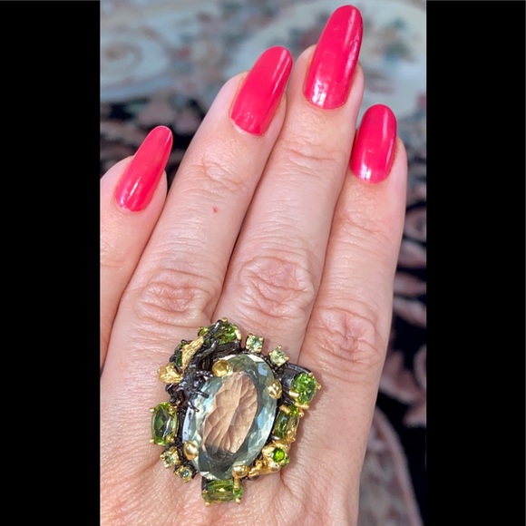 Intricate Genuine Green Amethyst Ring with Gems - Picture 4 of 17